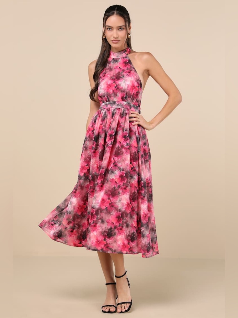 Lulus Charming Vision Fuchsia Floral Swiss Dot Lurex Halter Midi Dress